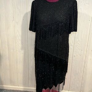 SCALA Vintage Black Sequins Beading Fringe Formal 100% Silk Dress